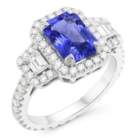 Trapezoid & Round Natural Earth Mined Diamond ( Not Lab Grown ) Halo Ring Gold Ceylon Sapphire 4.50 Carats