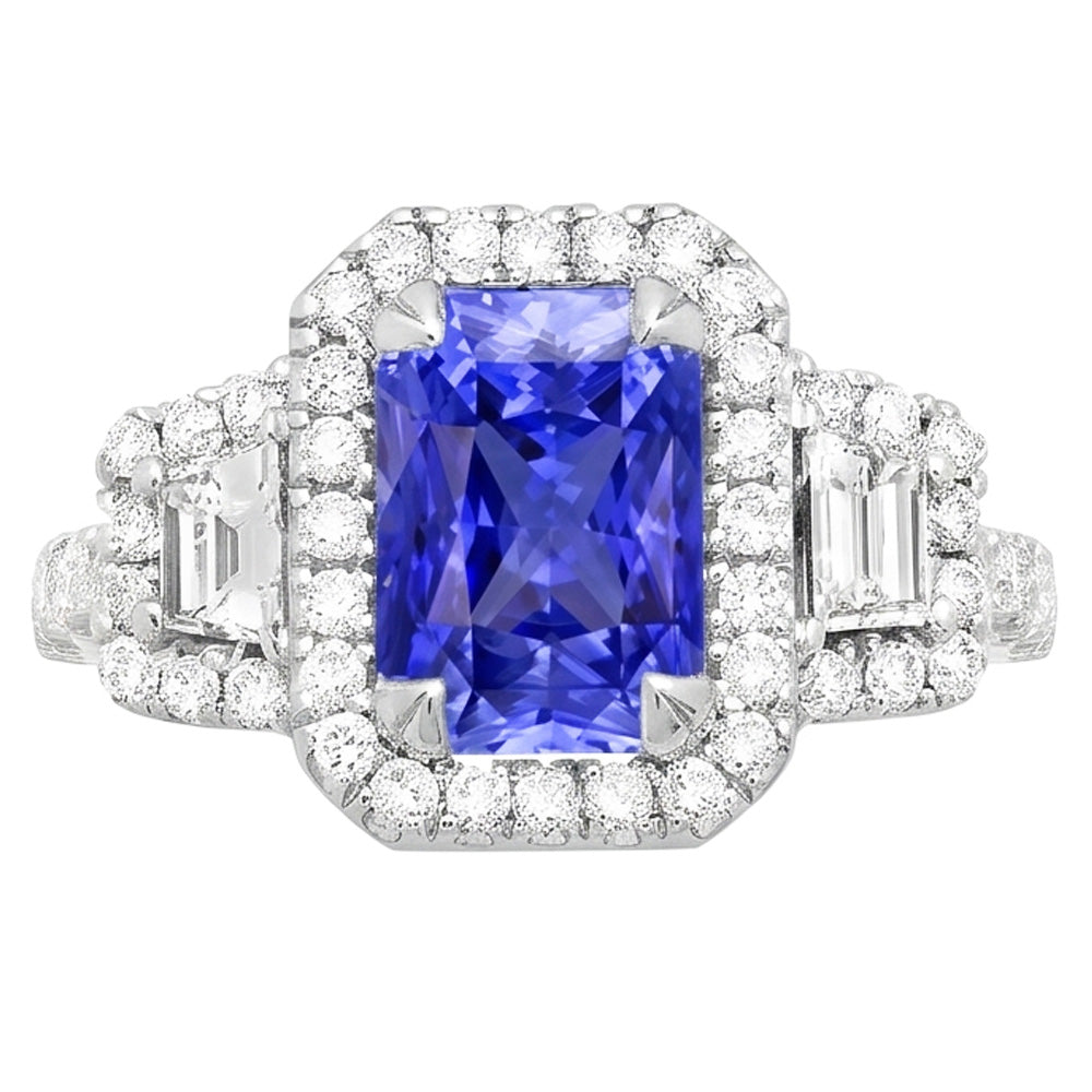 Trapezoid & Round Natural Earth Mined Diamond ( Not Lab Grown ) Halo Ring Gold Ceylon Sapphire 4.50 Carats