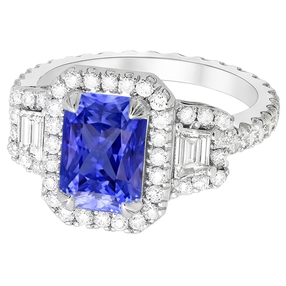 Trapezoid & Round Natural Earth Mined Diamond ( Not Lab Grown ) Halo Ring Gold Ceylon Sapphire 4.50 Carats
