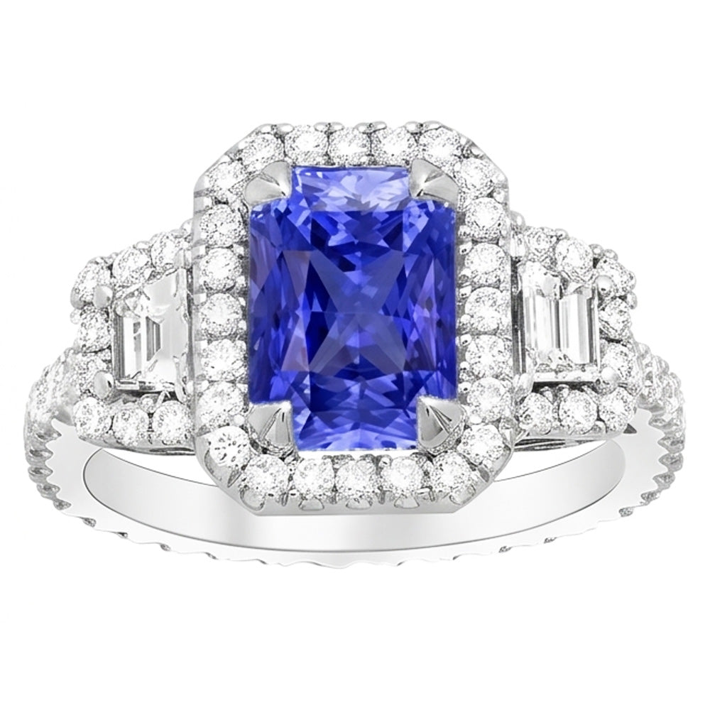 Trapezoid & Round Natural Earth Mined Diamond ( Not Lab Grown ) Halo Ring Gold Ceylon Sapphire 4.50 Carats