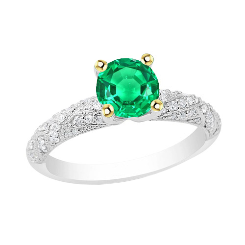 Fine Emerald Round Cut Precious Stone Ring in 14K Two Tone Gold – main view