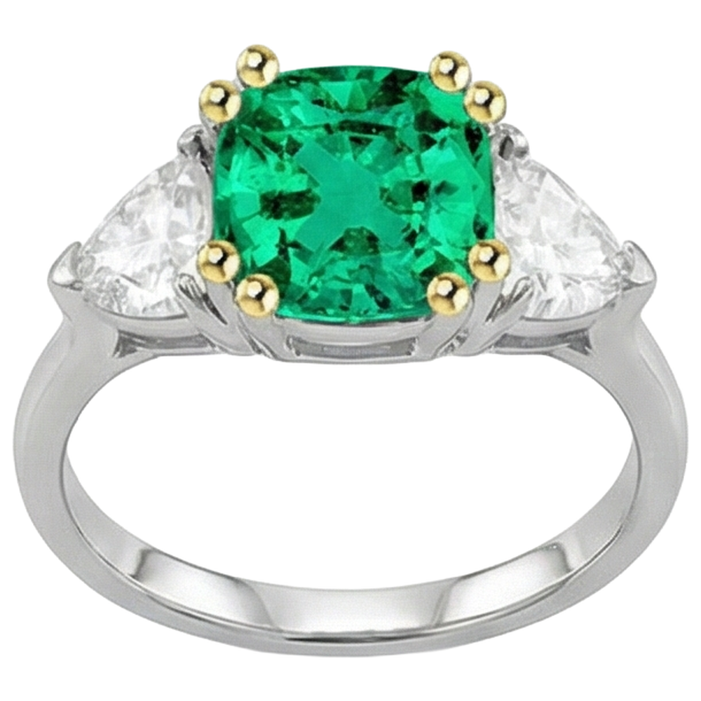 Emerald Cushion Cut Precious Stone Ring in Two-Tone 14K Gold – front view