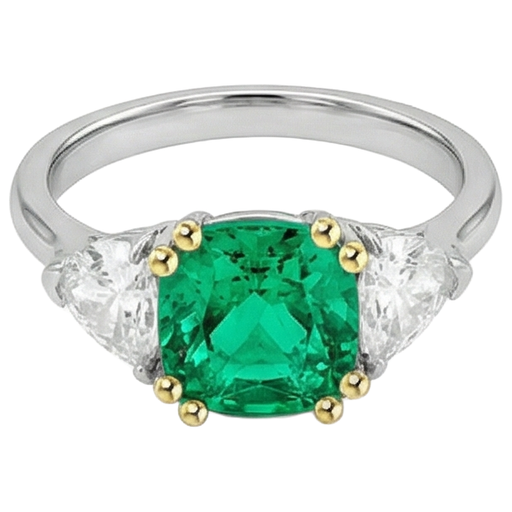 Emerald Cushion Cut Precious Stone Ring in Two-Tone 14K Gold – profile view