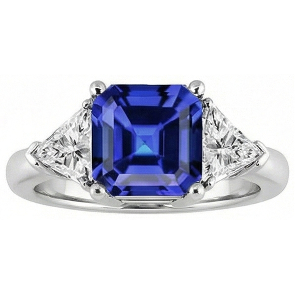 Trilliant Natural Earth Mined Diamond ( Not Lab Grown ) Sapphire Asscher Cut Ring