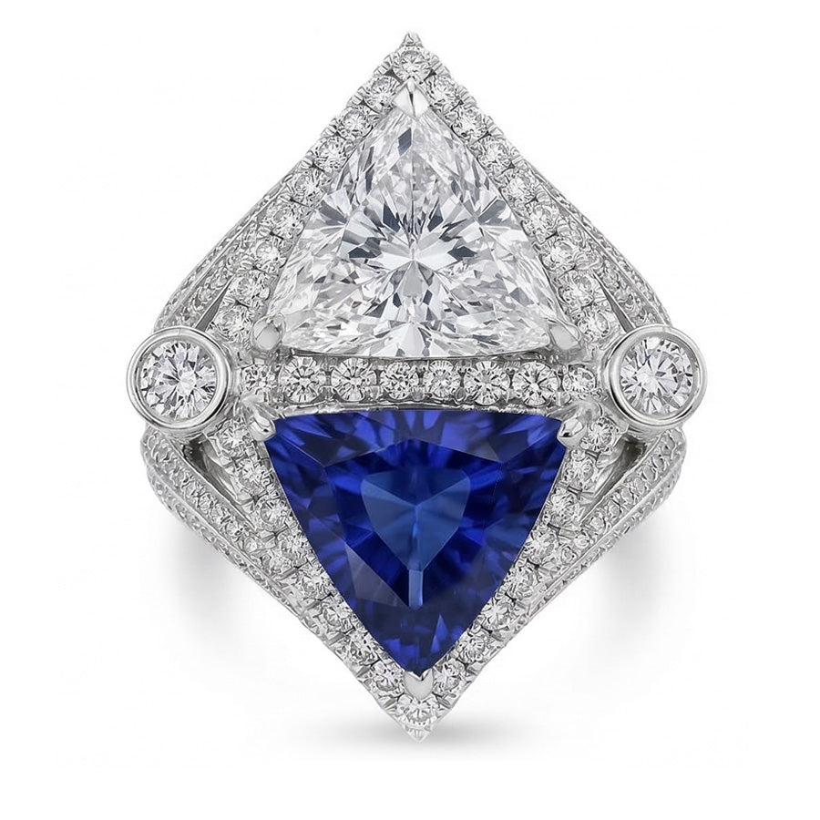 Trilliant Natural Earth Mined Diamond ( Not Lab Grown ) Sapphire Cocktail Ring