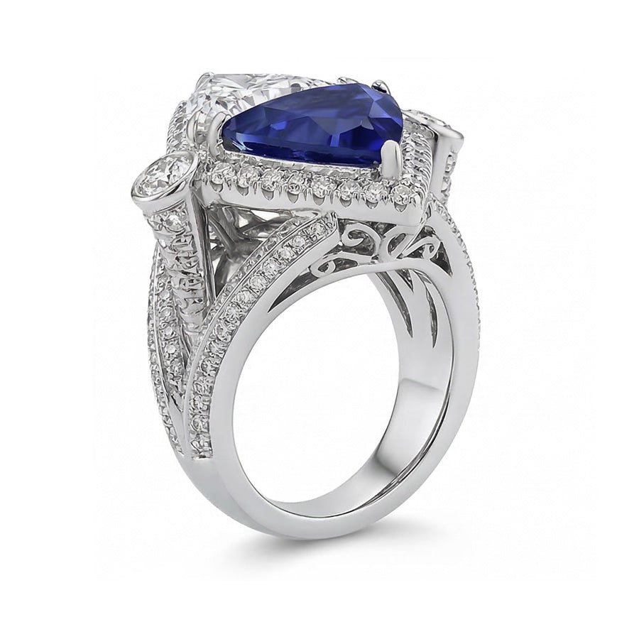 Trilliant Natural Earth Mined Diamond ( Not Lab Grown ) Sapphire Cocktail Ring