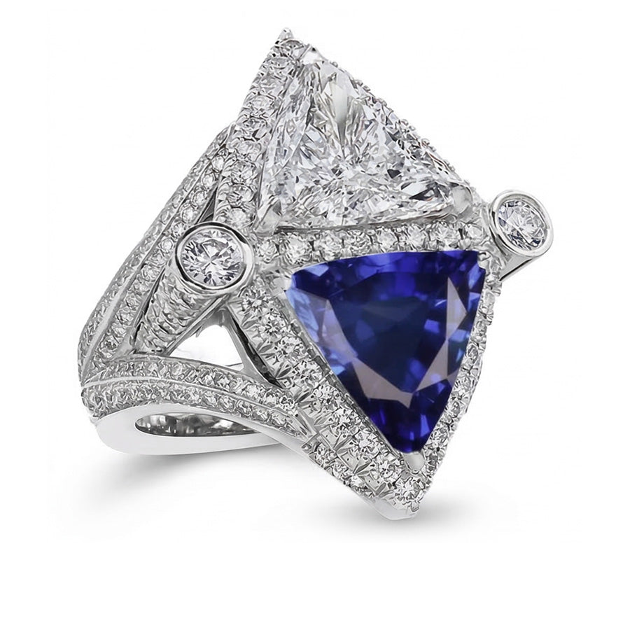 Trilliant Natural Earth Mined Diamond ( Not Lab Grown ) Sapphire Cocktail Ring