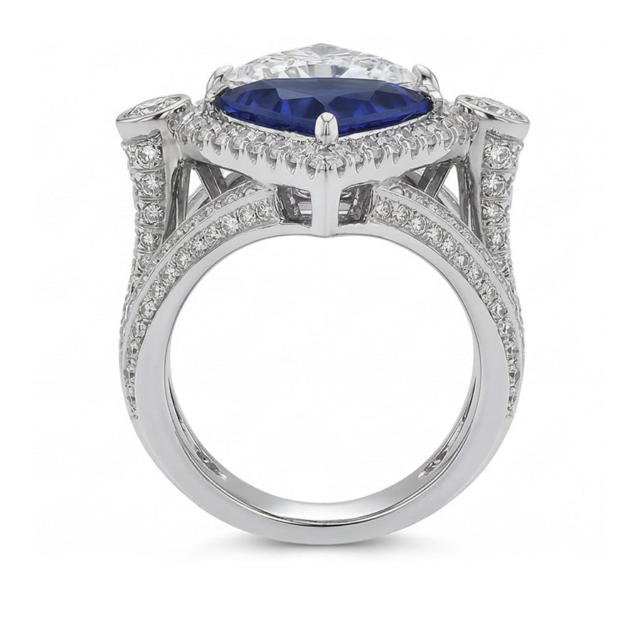 Trilliant Natural Earth Mined Diamond ( Not Lab Grown ) Sapphire Cocktail Ring
