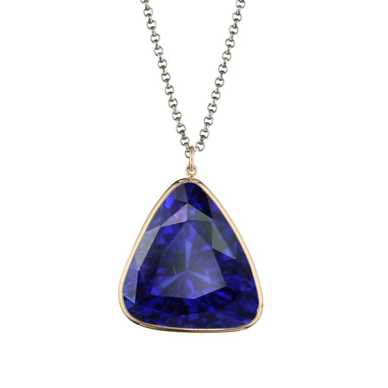 Trillion Blue Sapphire Solitaire Pendant Bezel Set 14K Yellow