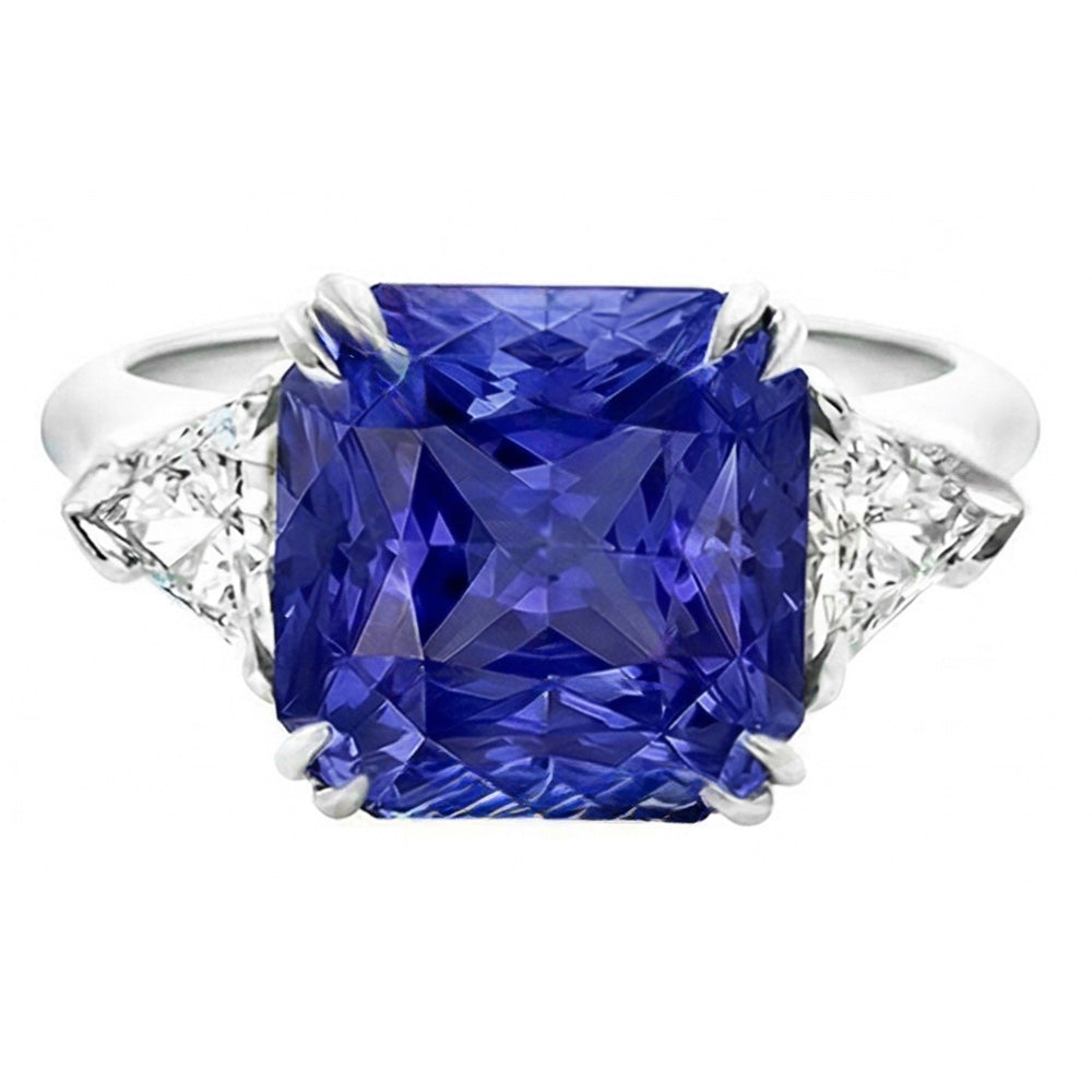 Trillion Natural Earth Mined Diamond ( Not Lab Grown ) 3 Stone Ring 2.50 Carats Double Prong Ceylon Sapphire