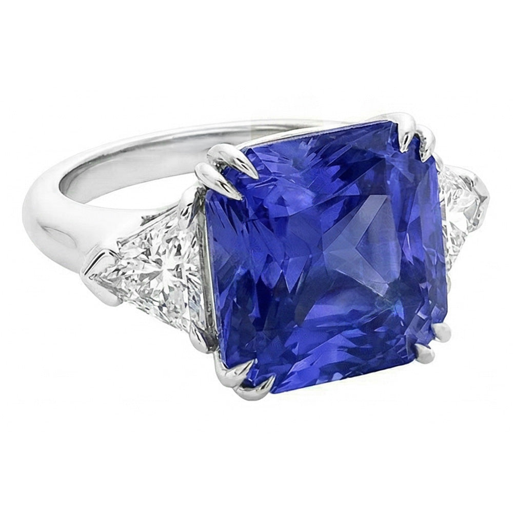 Trillion Natural Earth Mined Diamond ( Not Lab Grown ) 3 Stone Ring 2.50 Carats Double Prong Ceylon Sapphire