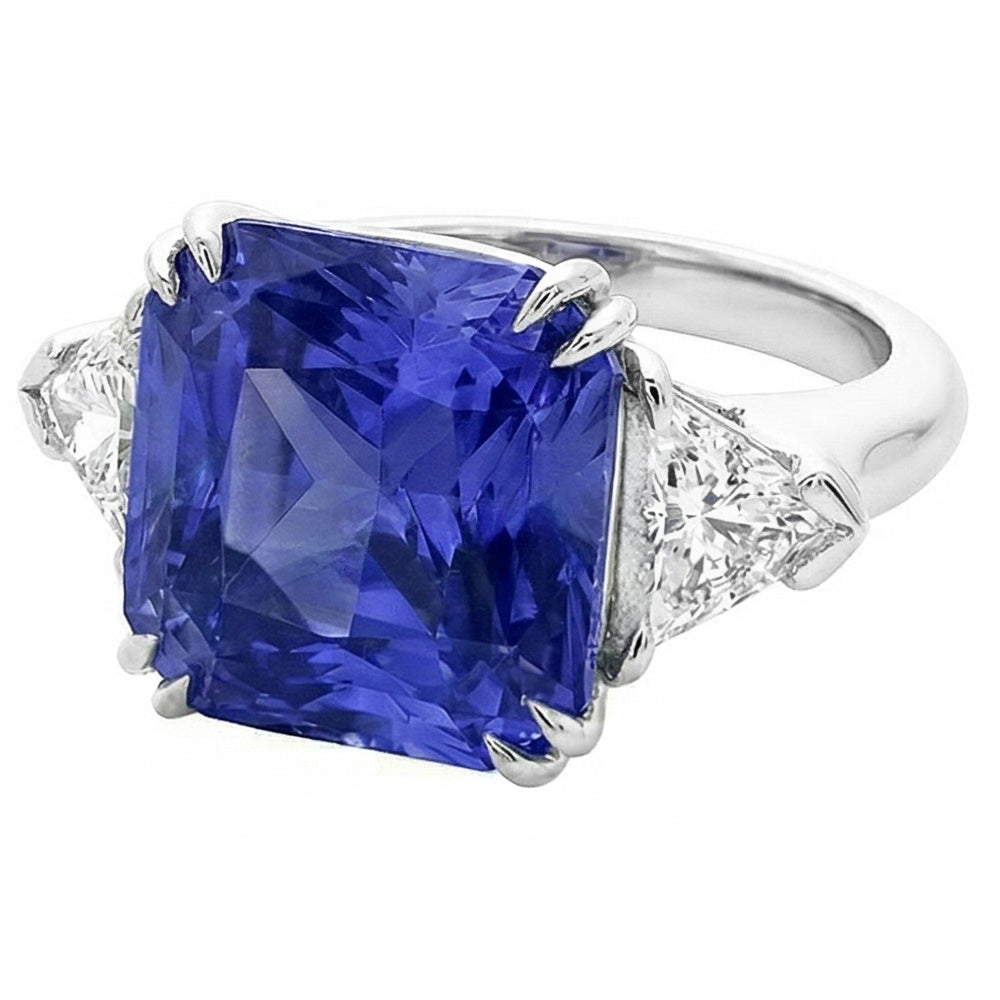 Trillion Natural Earth Mined Diamond ( Not Lab Grown ) 3 Stone Ring 2.50 Carats Double Prong Ceylon Sapphire