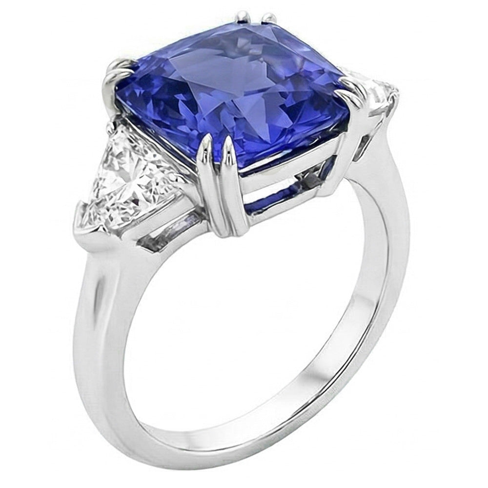 Trillion Natural Earth Mined Diamond ( Not Lab Grown ) 3 Stone Ring 2.50 Carats Double Prong Ceylon Sapphire
