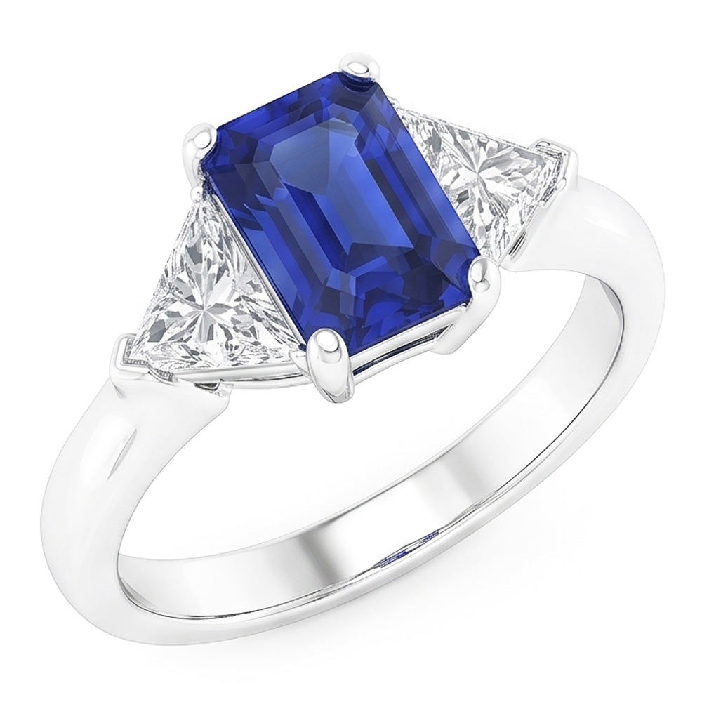 Trillion Natural Earth Mined Diamond ( Not Lab Grown ) Sapphire Ring 2 Carats Ceylon Sapphire 3 Stone Prongs