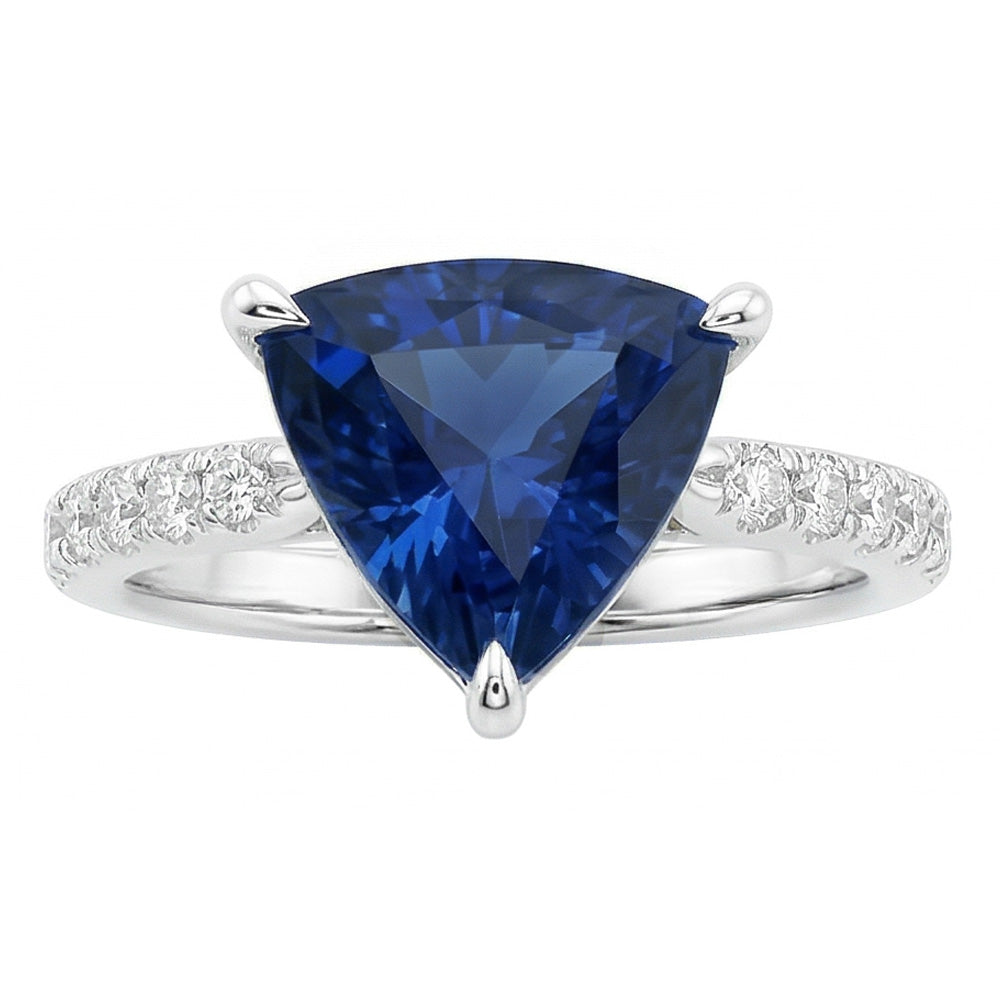 Trillion Sapphire Engagement Ring Prong Set Round Natural Earth Mined Diamond ( Not Lab Grown )s 3 Carats