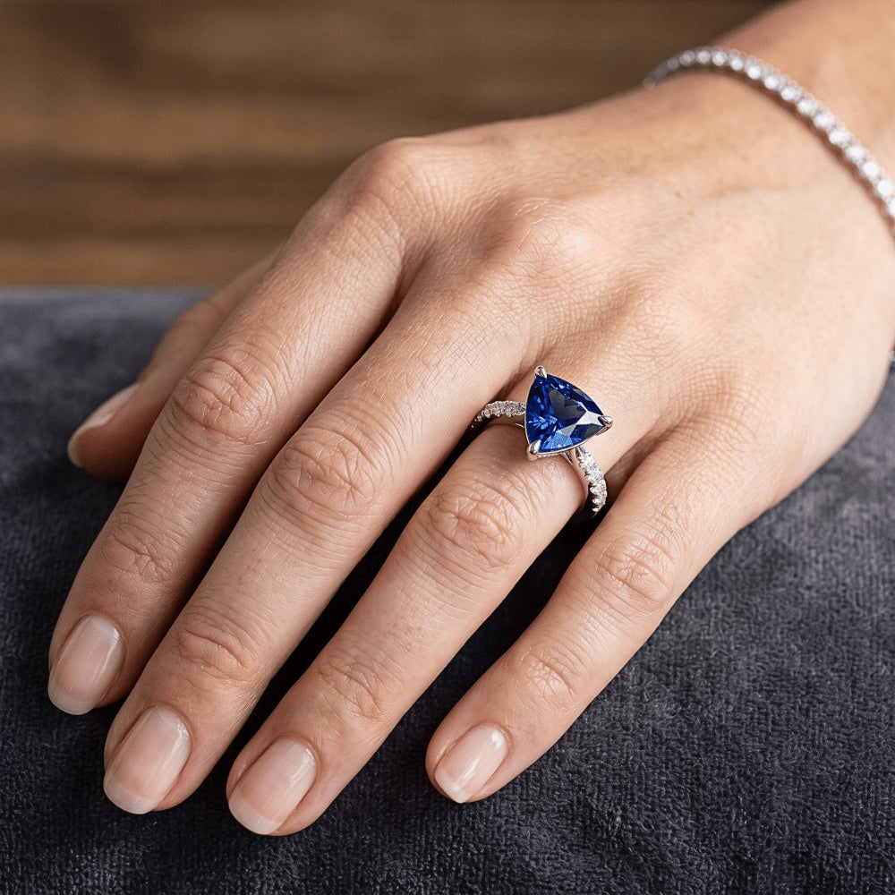 Trillion Sapphire Engagement Ring Prong Set Round Natural Earth Mined Diamond ( Not Lab Grown )s 3 Carats