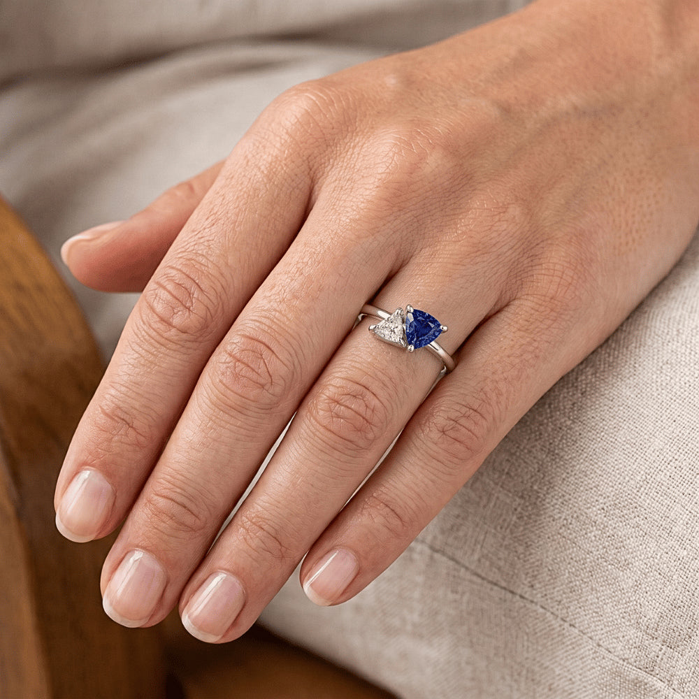 Trillion Sapphire & Natural Earth Mined Diamond ( Not Lab Grown ) Ring 1.25 Carats Women’s Jewelry