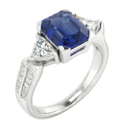 Trillion & Round Natural Earth Mined Diamond ( Not Lab Grown ) Asscher Sapphire Engagement Ring 2.50 Carats