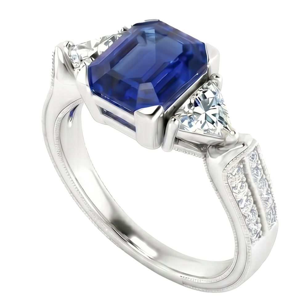 Trillion & Round Natural Earth Mined Diamond ( Not Lab Grown ) Asscher Sapphire Engagement Ring 2.50 Carats