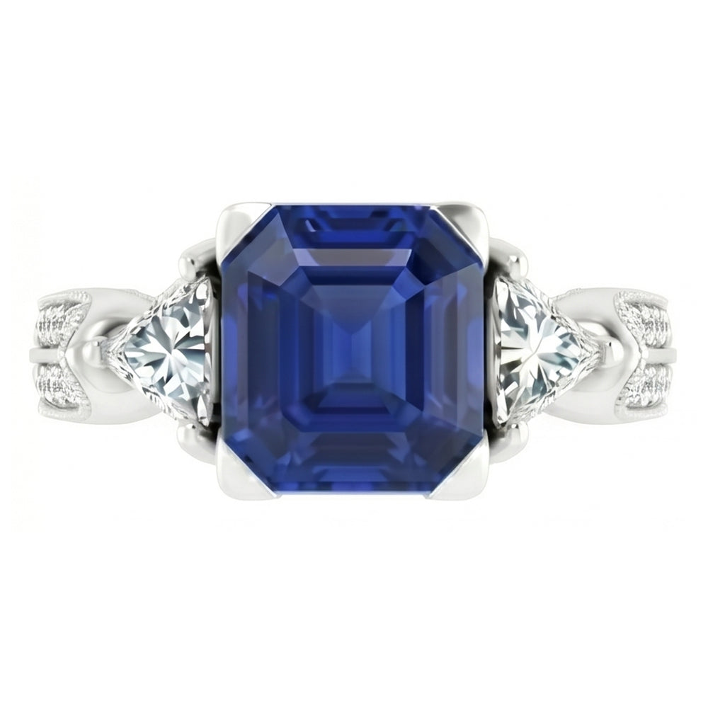 Trillion & Round Natural Earth Mined Diamond ( Not Lab Grown ) Asscher Sapphire Engagement Ring 2.50 Carats