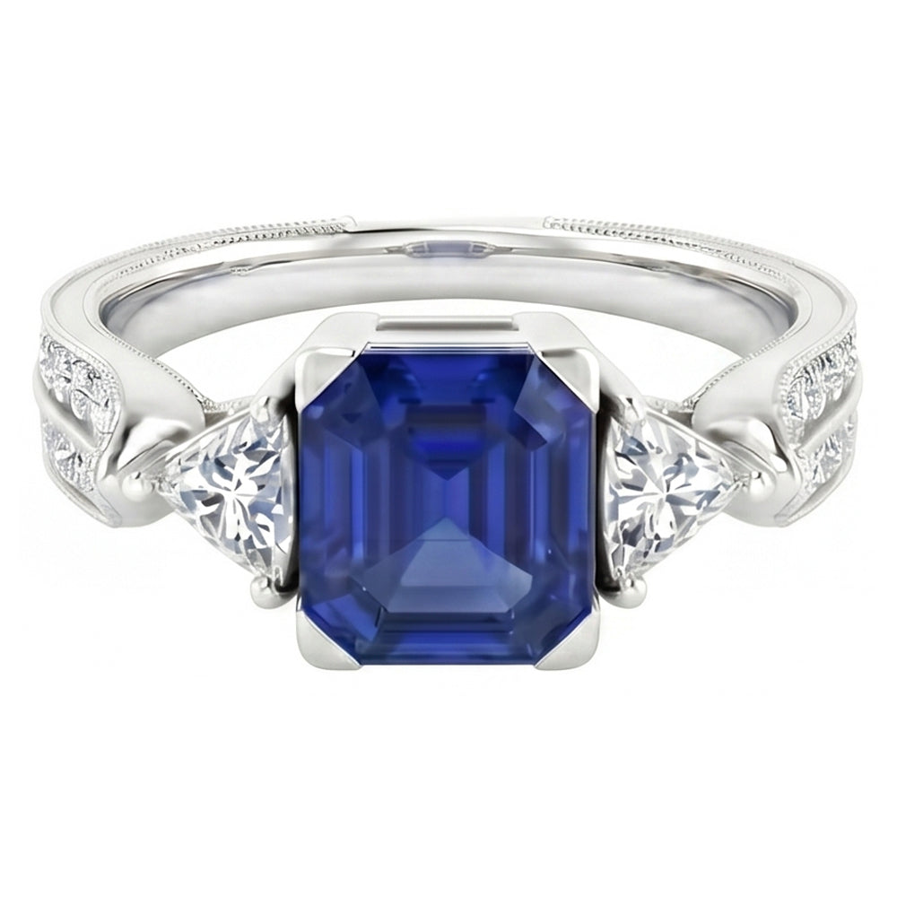 Trillion & Round Natural Earth Mined Diamond ( Not Lab Grown ) Asscher Sapphire Engagement Ring 2.50 Carats