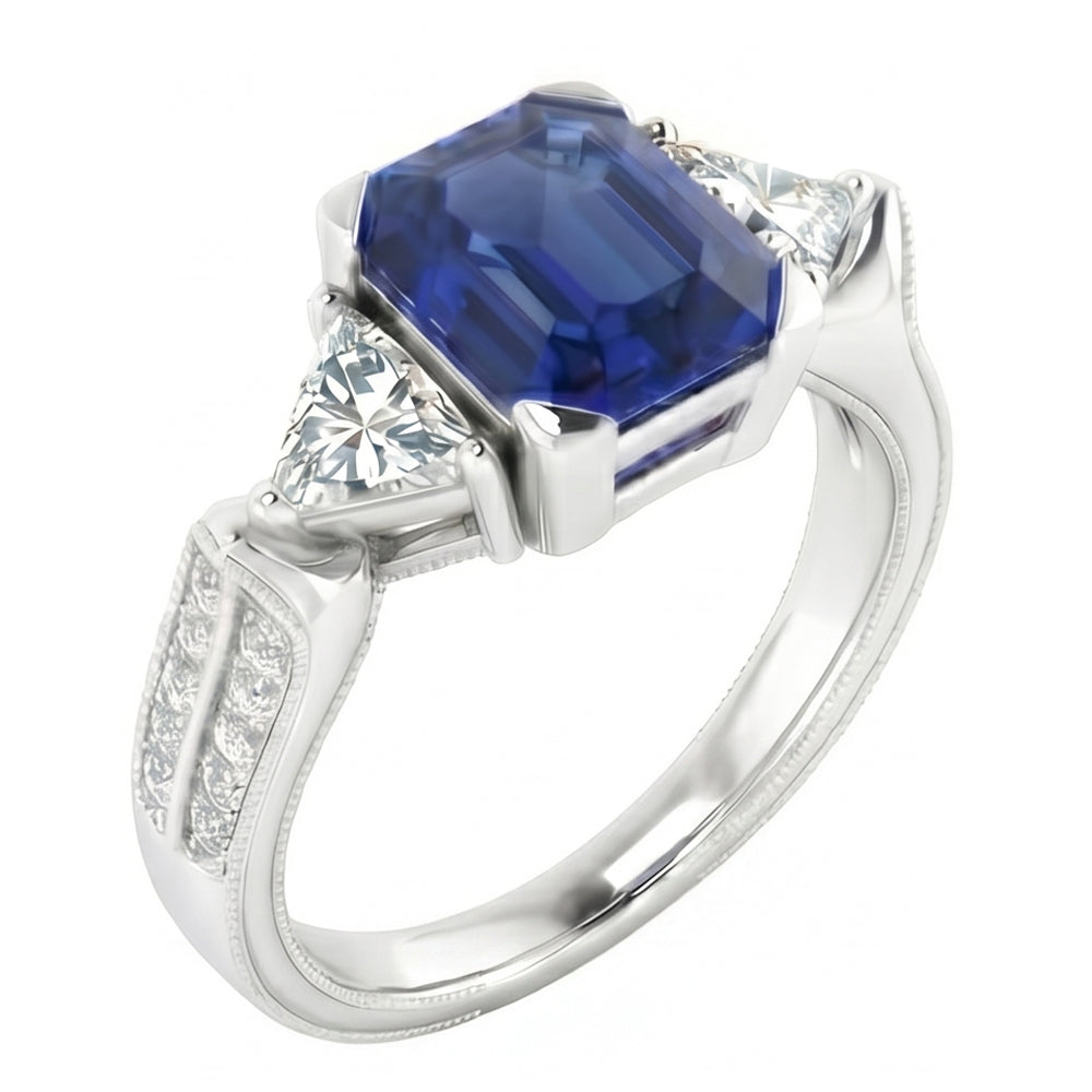 Trillion & Round Natural Earth Mined Diamond ( Not Lab Grown ) Asscher Sapphire Engagement Ring 2.50 Carats