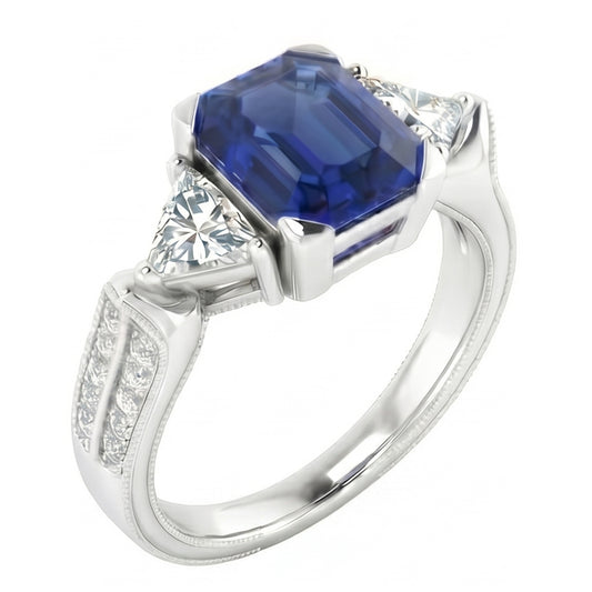 Trillion & Round Natural Earth Mined Diamond ( Not Lab Grown ) Asscher Sapphire Engagement Ring 2.50 Carats