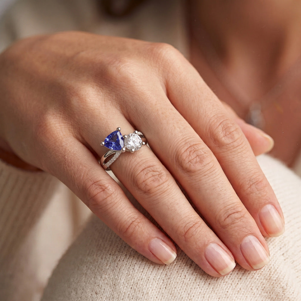 Trillion & Round Natural Earth Mined Diamond ( Not Lab Grown ) Ring Blue Sapphire 2.50 Carats Split Shank