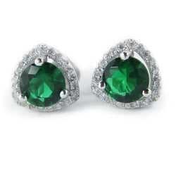 Trillion Shape Stud Halo Earrings 7 Carats Green Emerald With Diamonds