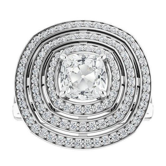 Triple Halo Ring Round & Cushion Real Old Miner Diamonds Gold 11 Carats