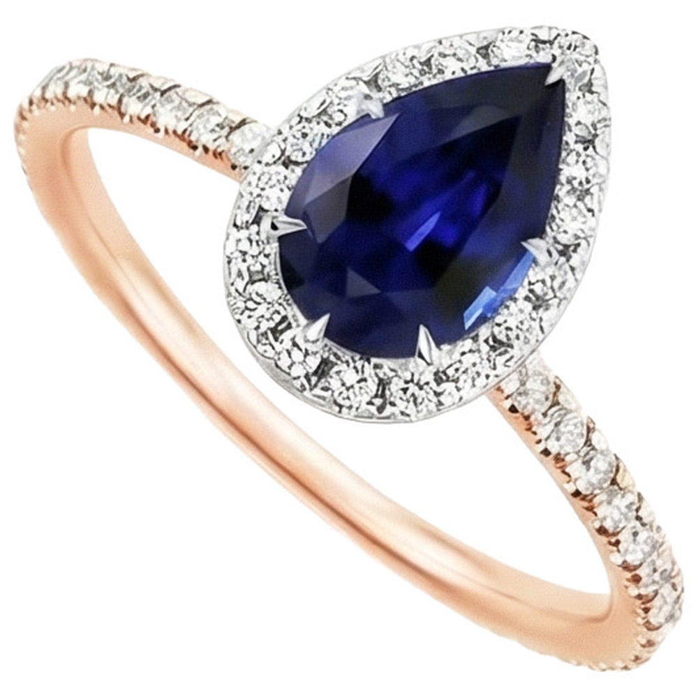 Two Tone Ceylon Pear Sapphire Natural Earth Mined Diamond ( Not Lab Grown ) Engagement Ring 6 Carats New