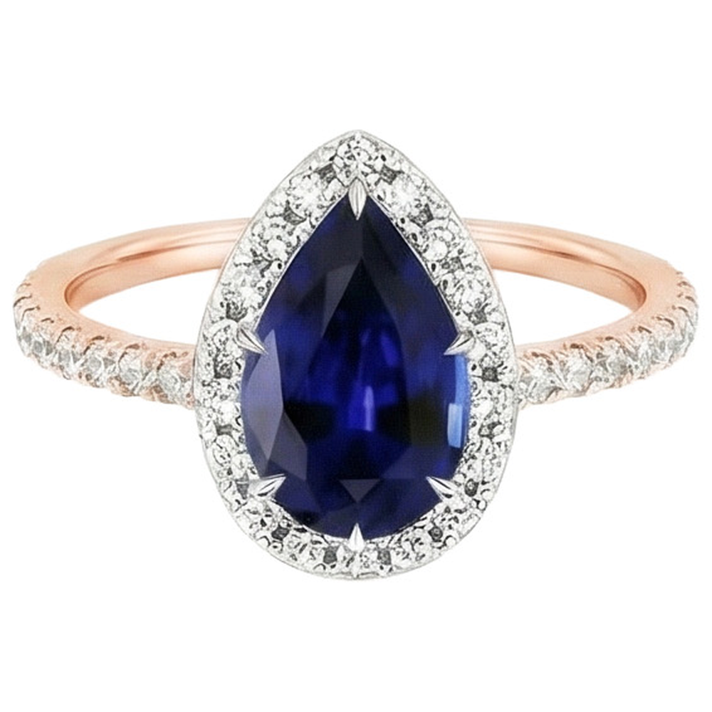 Two Tone Ceylon Pear Sapphire Natural Earth Mined Diamond ( Not Lab Grown ) Engagement Ring 6 Carats New