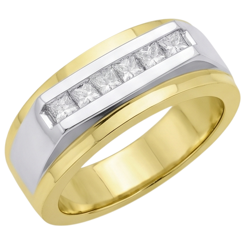 Two Tone Gold 14K Men Ring Band Princess Real Natural Earth Mined Diamond ( Not Lab Grown )  0.72 Carats