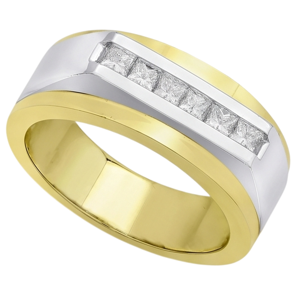 Two Tone Gold 14K Men Ring Band Princess Real Natural Earth Mined Diamond ( Not Lab Grown )  0.72 Carats