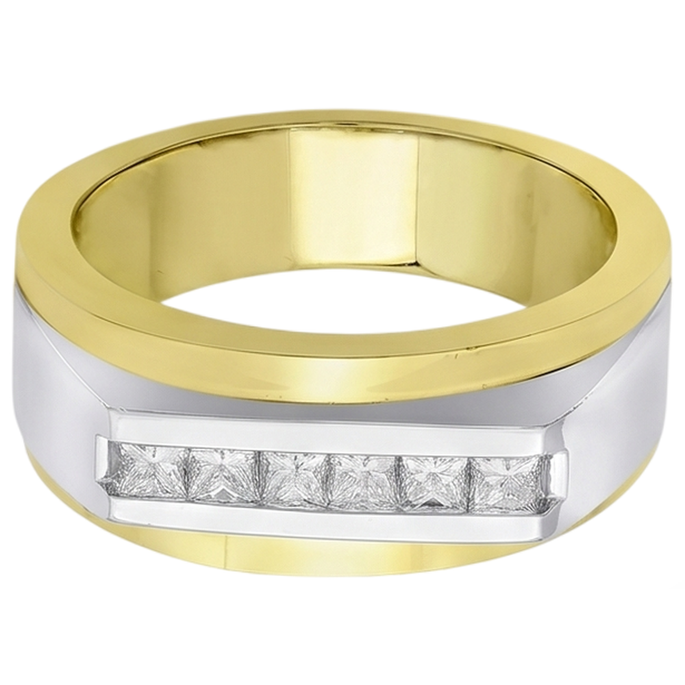 Two Tone Gold 14K Men Ring Band Princess Real Natural Earth Mined Diamond ( Not Lab Grown )  0.72 Carats