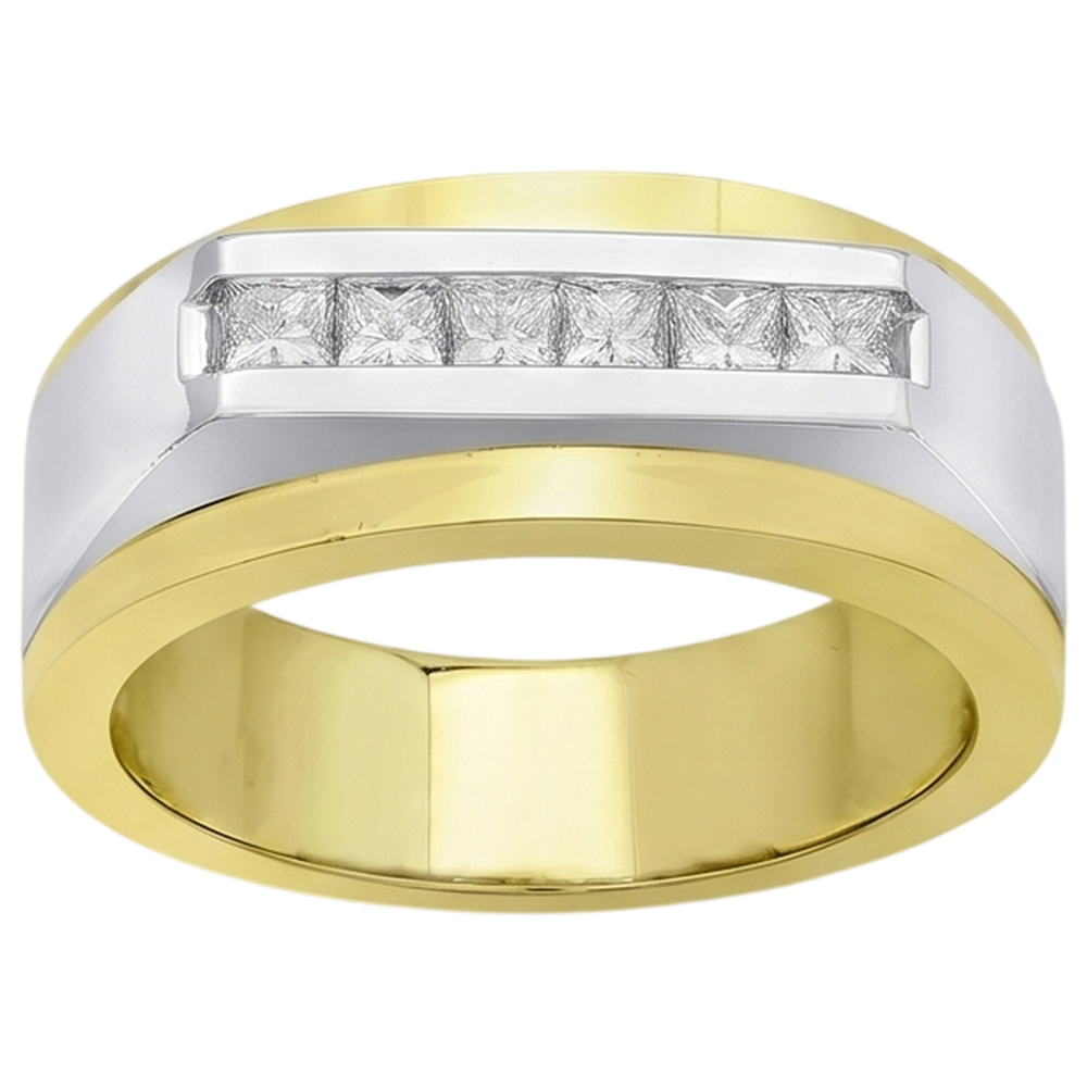 Two Tone Gold 14K Men Ring Band Princess Real Natural Earth Mined Diamond ( Not Lab Grown )  0.72 Carats