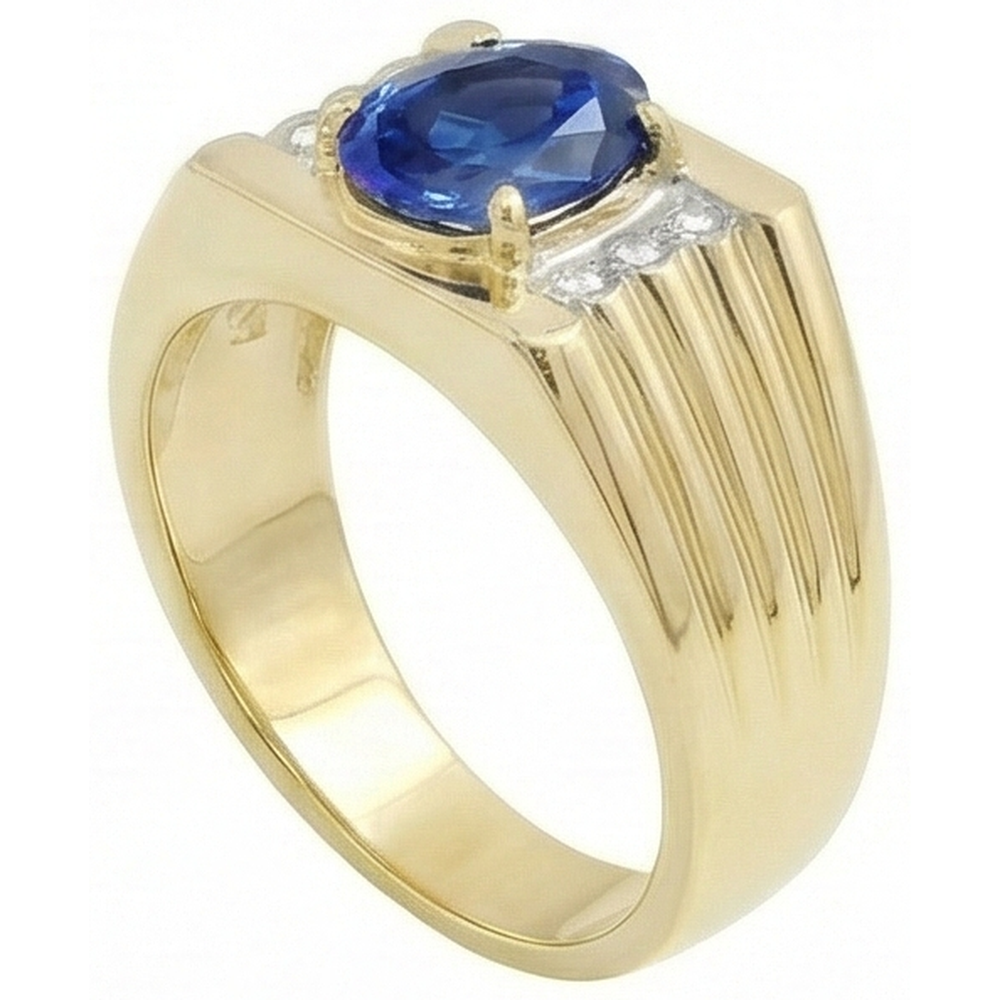 Two Tone Gold 14K Oval Sapphire & Round Natural Earth Mined Diamond ( Not Lab Grown )  Ring 2.30 Ct.