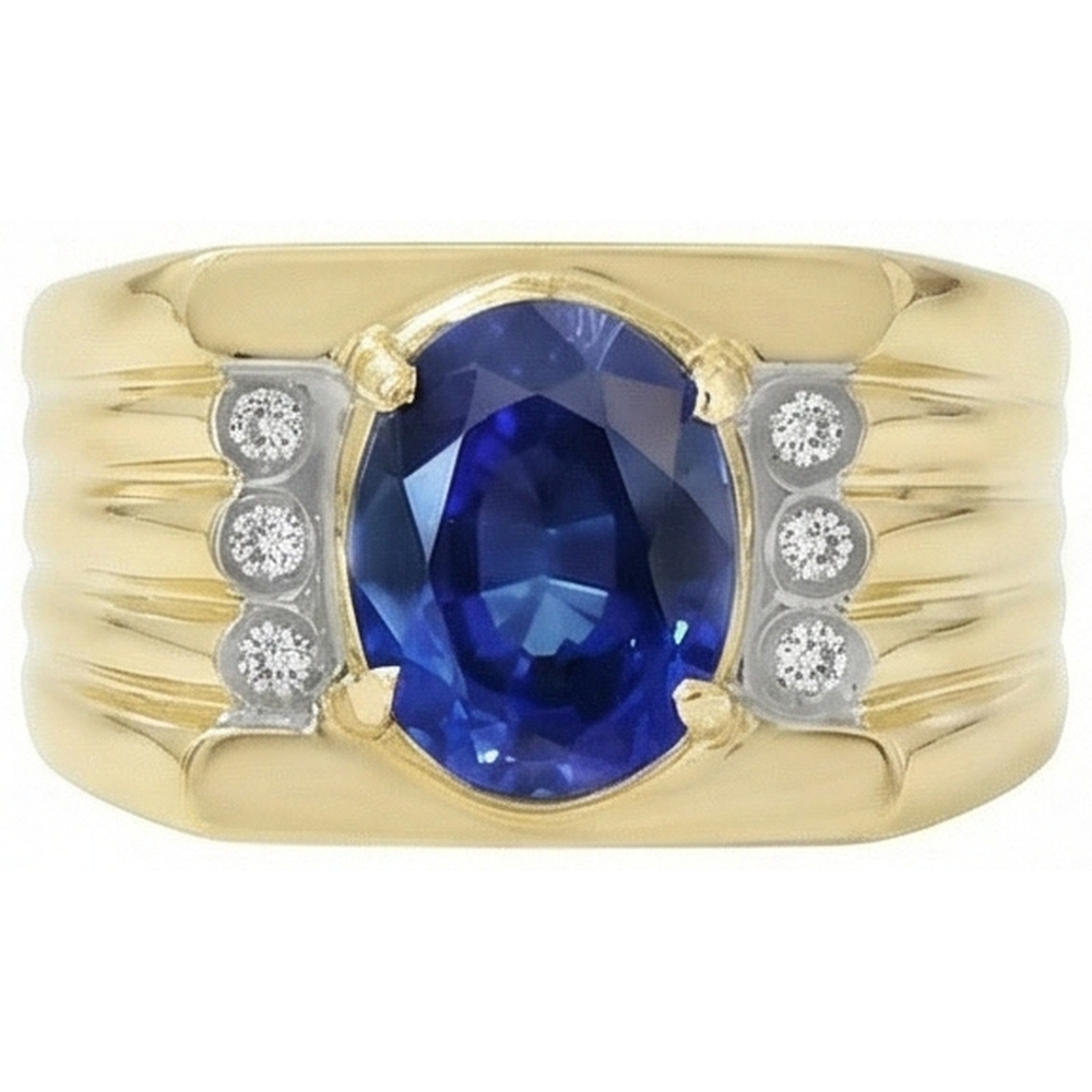 Two Tone Gold 14K Oval Sapphire & Round Natural Earth Mined Diamond ( Not Lab Grown )  Ring 2.30 Ct.