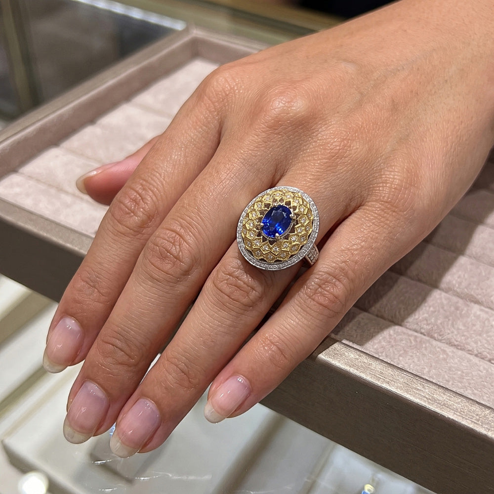 Two Tone Gold 3.10 Ct Sri Lanka Sapphire Natural Earth Mined Diamond ( Not Lab Grown )s Ring
