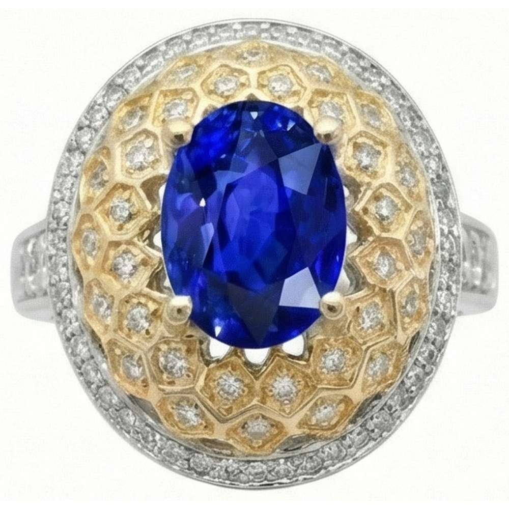 Two Tone Gold 3.10 Ct Sri Lanka Sapphire Natural Earth Mined Diamond ( Not Lab Grown )s Ring