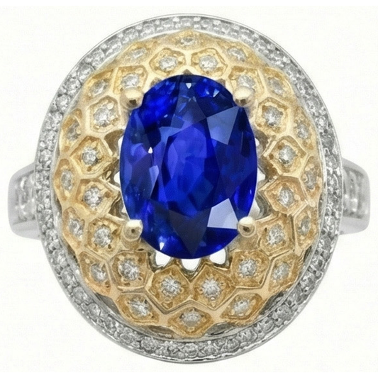 Two Tone Gold 3.10 Ct Sri Lanka Sapphire Natural Earth Mined Diamond ( Not Lab Grown )s Ring