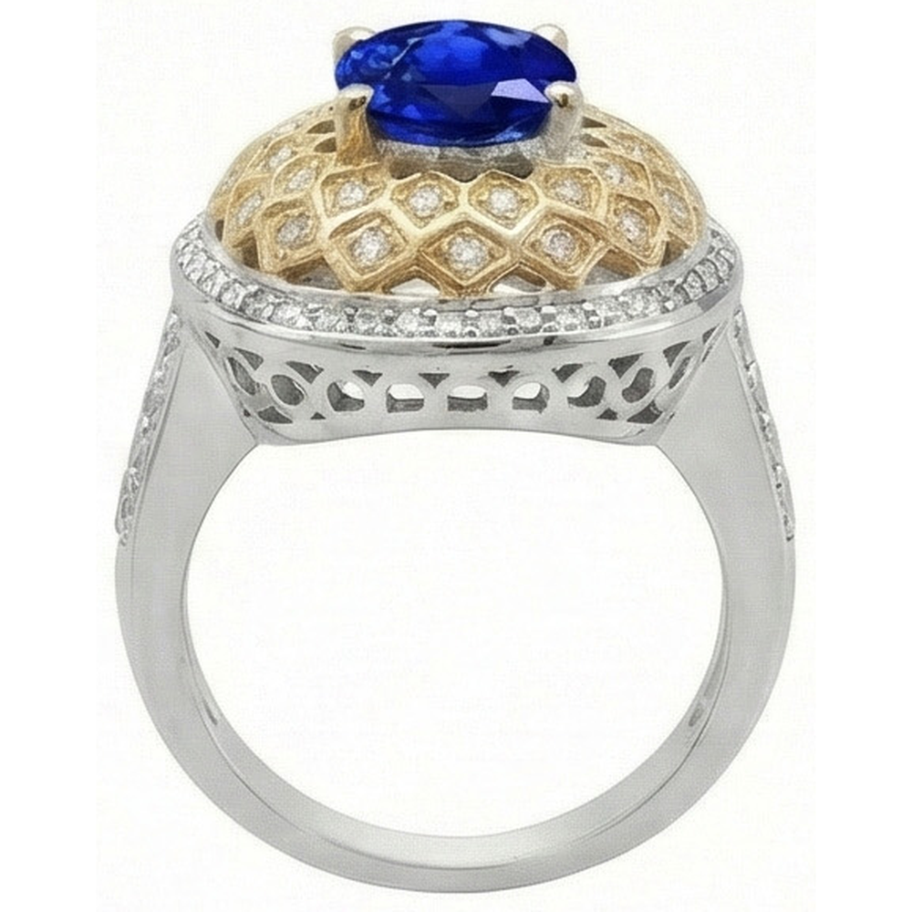 Two Tone Gold 3.10 Ct Sri Lanka Sapphire Natural Earth Mined Diamond ( Not Lab Grown )s Ring
