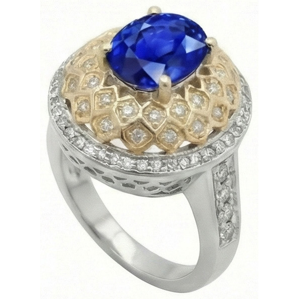 Two Tone Gold 3.10 Ct Sri Lanka Sapphire Natural Earth Mined Diamond ( Not Lab Grown )s Ring