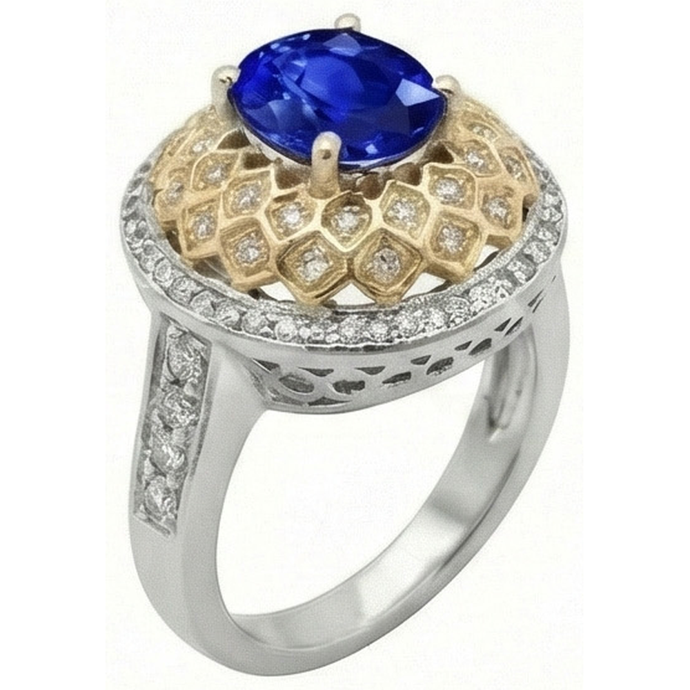 Two Tone Gold 3.10 Ct Sri Lanka Sapphire Natural Earth Mined Diamond ( Not Lab Grown )s Ring