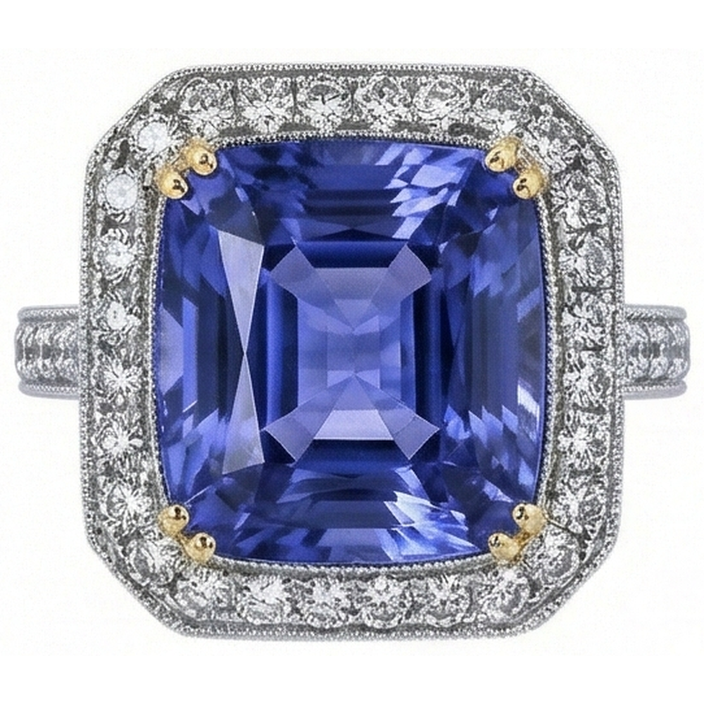 Two Tone Gold Cushion Tanzanite Natural Earth Mined Diamond ( Not Lab Grown ) s 4.25 Carat Ring Vintage Style