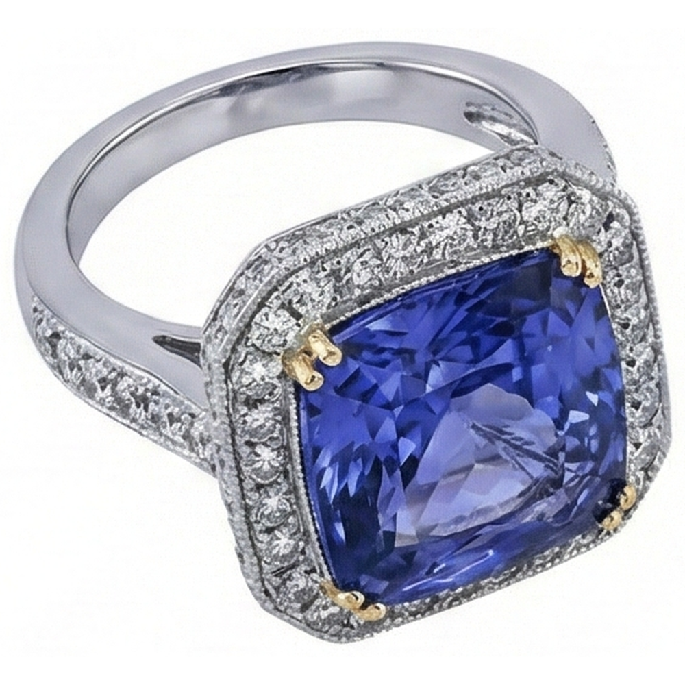 Two Tone Gold Cushion Tanzanite Natural Earth Mined Diamond ( Not Lab Grown ) s 4.25 Carat Ring Vintage Style