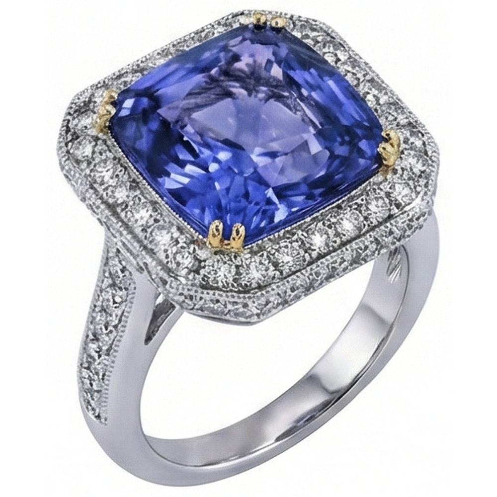 Two Tone Gold Cushion Tanzanite Natural Earth Mined Diamond ( Not Lab Grown ) s 4.25 Carat Ring Vintage Style