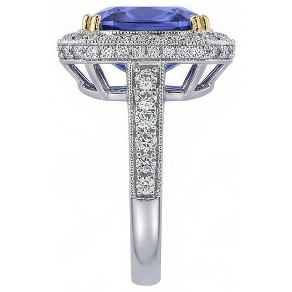Two Tone Gold Cushion Tanzanite Natural Earth Mined Diamond ( Not Lab Grown ) s 4.25 Carat Ring Vintage Style
