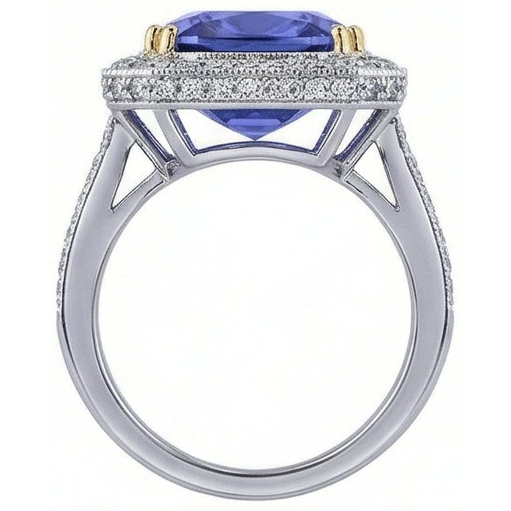 Two Tone Gold Cushion Tanzanite Natural Earth Mined Diamond ( Not Lab Grown ) s 4.25 Carat Ring Vintage Style