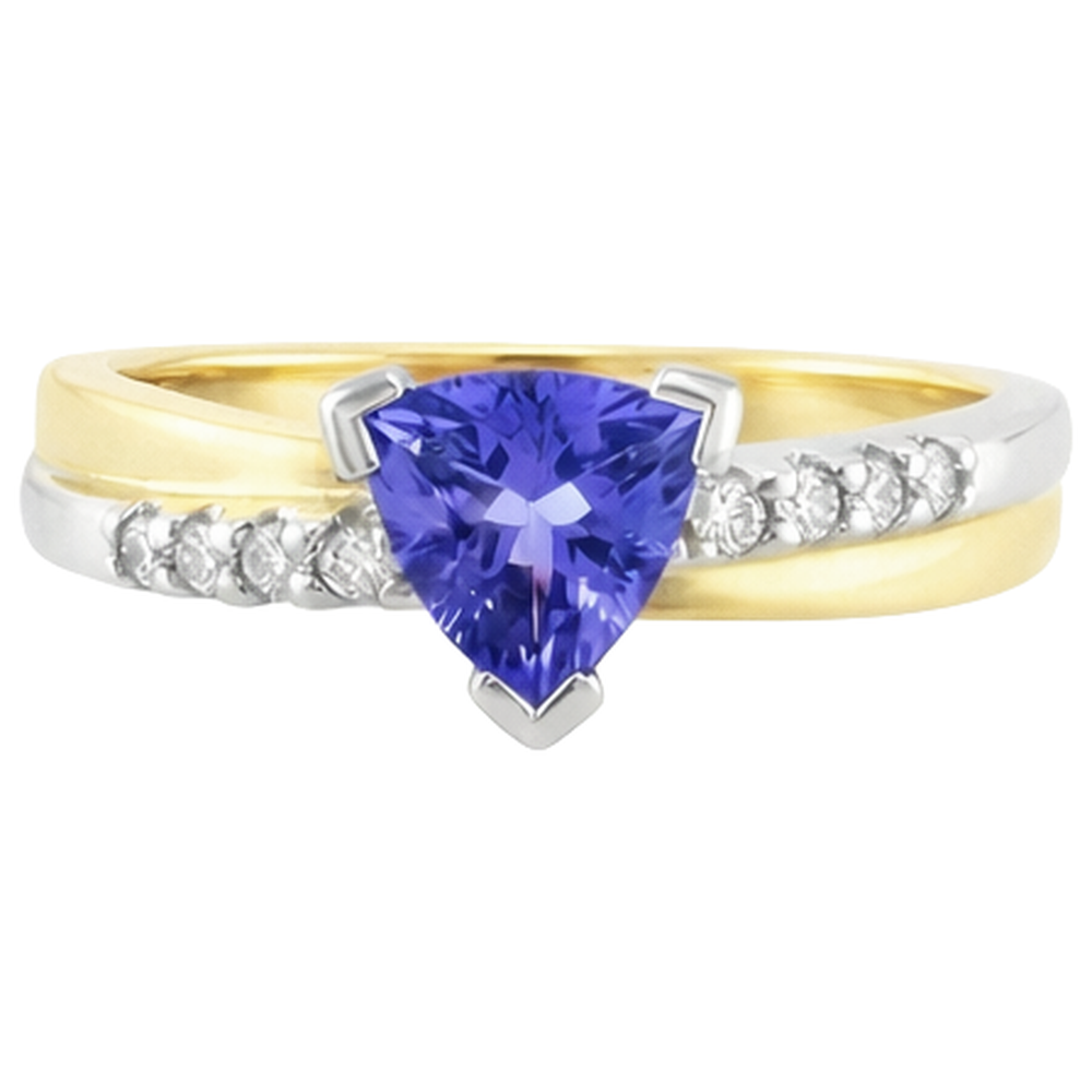 Two Tone Gold Trillion AAA Tanzanite & Round Natural Earth Mined Diamond ( Not Lab Grown ) s Ring 2.60 Carat